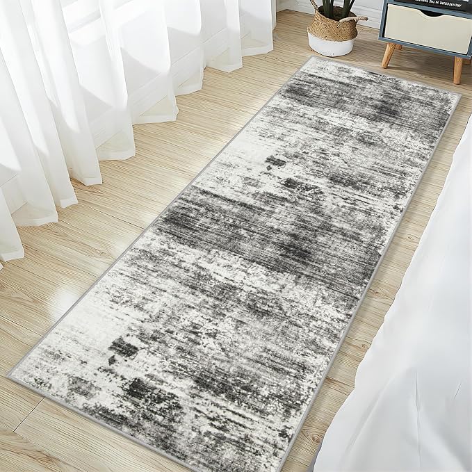 2'6''x8' Runner Rugs Washable Rug:Modern Abstract Hallway Black Grey Carpet | Non-slip TPE backing makes this washable soft low-pile rug safe & durable, Pet-friendly decor for dining room,nursery,office