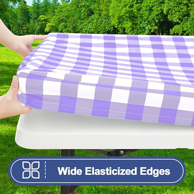 Smiry Picnic Table Cover with Bench Covers, Waterproof Elastic Fitted Tablecloths for 8 Foot Rectangle Tables, Washable Buffalo Plaid Tablecloth for Camping, Outdoor (Purple & White, 30"x96")