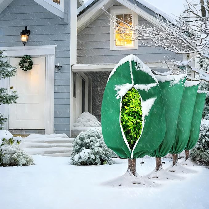 5Pcs Plant Frost Protection Covers 23.6x31.5 Inches – Reusable Breathable Freeze Blankets with Drawstring, Waterproof Non-Woven Fabric Frost Cloth for Winter Plant, Shrub, Tree, and Garden Protection