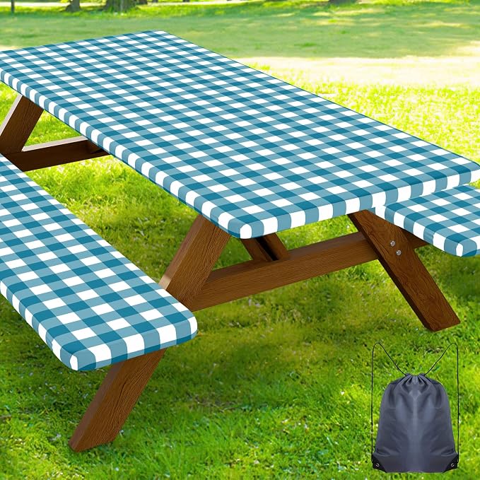 Smiry Picnic Table Cover with Bench Covers, Waterproof Elastic Fitted Tablecloths for 6 Foot Rectangle Tables, Washable Buffalo Plaid Tablecloth for Camping, Outdoor (Turquoise & White, 30"x72")