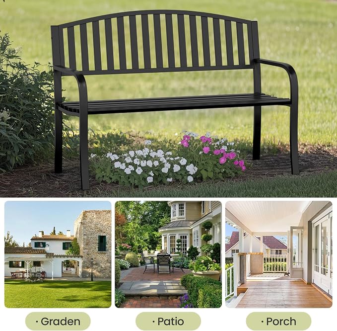 50" Outdoor Bench, Heavy-Duty Metal Frame Graden Bench, Weatherproof Patio Park Bench for Front Porch, Park, Yard, Patio