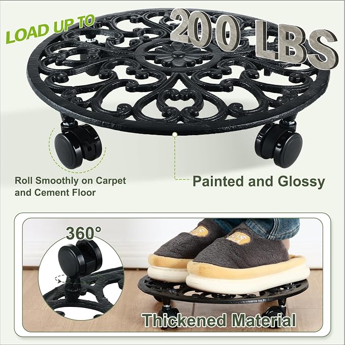 3 Packs 14 Inch Rolling Plant Stand with Wheels Metal Plant Caddy with Wheels Heavy Duty Round Plant Stand Indoor Iron Plants Rollers for Plants, Plant Dolly