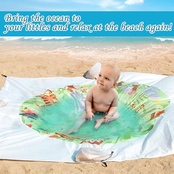 6.6 X 6.6 Ft Baby Beach Pool, 2 in 1 Portable Kids Beach Play Pool Puddle Toddler Beach Blanket and Kiddie Pools Green Cartoon Childs Sand Pit Paddling Pools with Water Bag for Boys Girls Outdoors