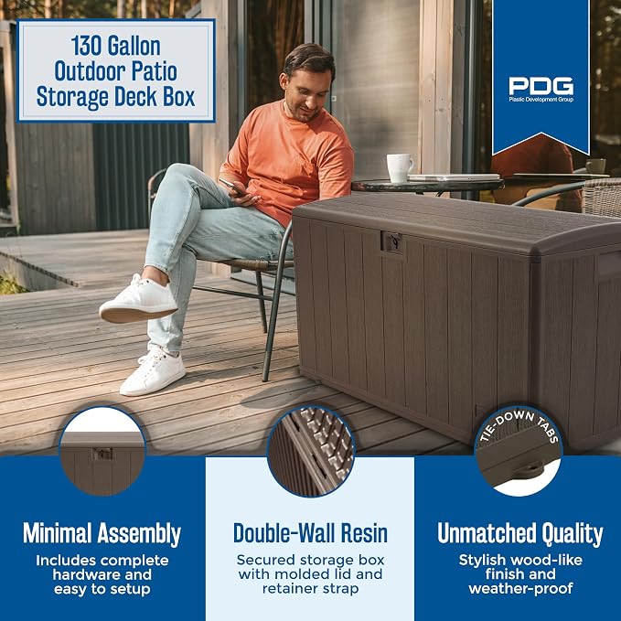 Plastic Development Group Outdoor Storage Deck Box, Soft Closure, 130 Gallon, Java