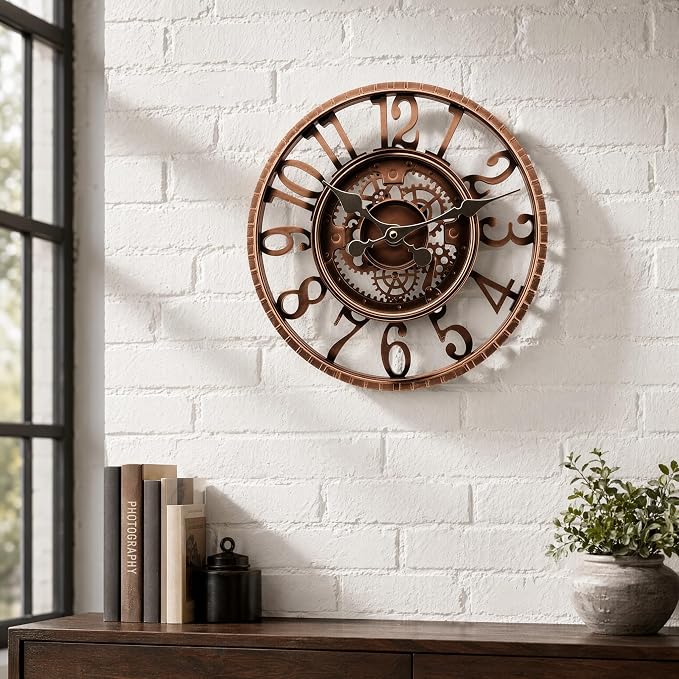 Outdoor Wall Clock for Garden, Patio and Deck, 12in Garden Clock Waterproof Clocks -Not Silent (Red Copper)
