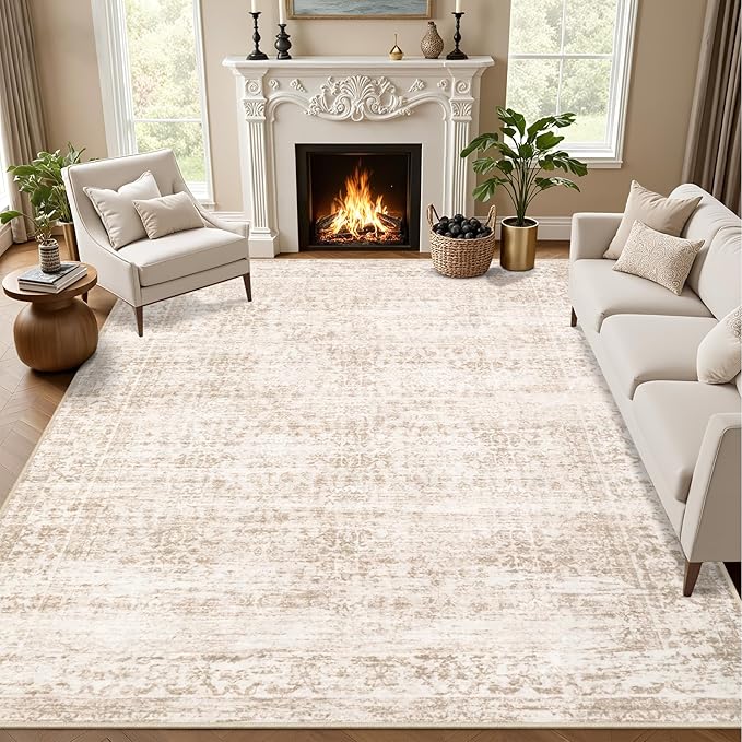 8x10 Area Rugs Living Room: Washable Rug for Bedroom Beige Brown | Boho No Slip Stain Resistant Rug Soft Indoor Decor Floor Floral Area Rugs for Dining Room, Nursery, Hallway, Home Office