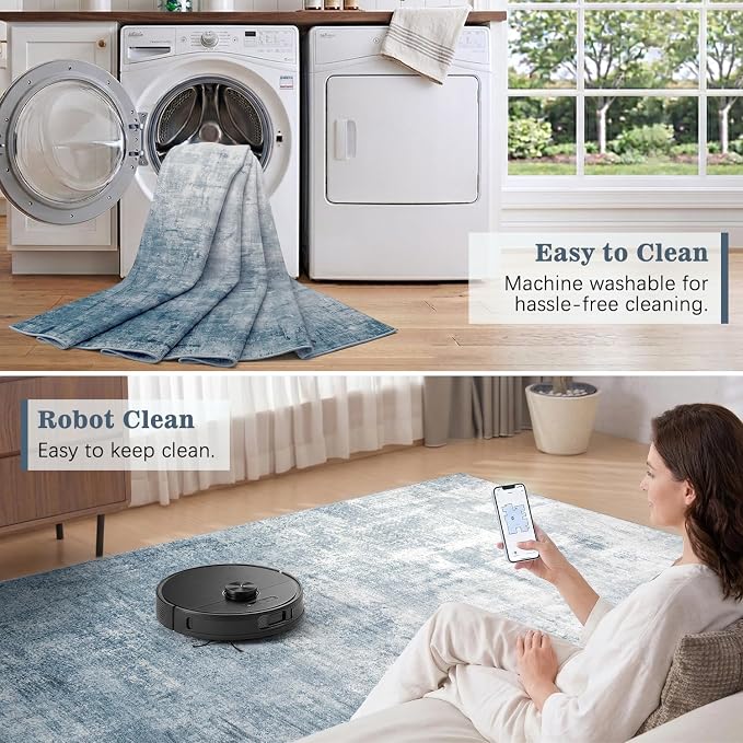 DCX Washable Abstract Area Rug 5x7, Non Slip Low Pile Rug, Blue | Easy to clean, non-shedding, soft, kid & pet friendly, with a non-slip rubber backing for living rooms, bedrooms, and offices