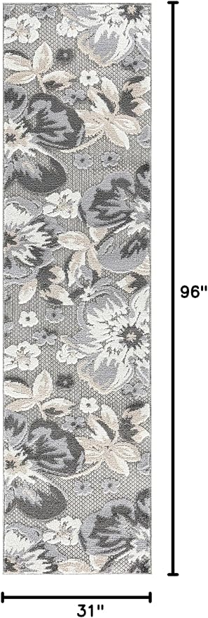Rugshop Bergamo Contemporary Floral Non-Shedding Easy Cleaning Patio Deck Backyard Indoor/Outdoor Runner Rug 2' 7" X 8' Gray