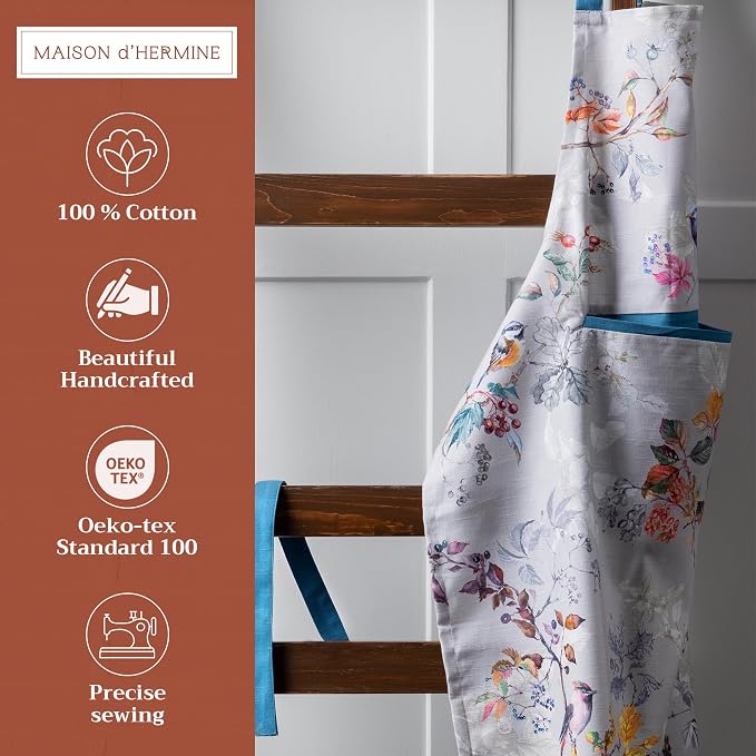 Maison d' Hermine Aprons for women with Pocket 100% Cotton (27.50"x31.50") | Adjustable Neck Strap & long ties Apron Men Chef Wedding Cooking Gardening Server Maid