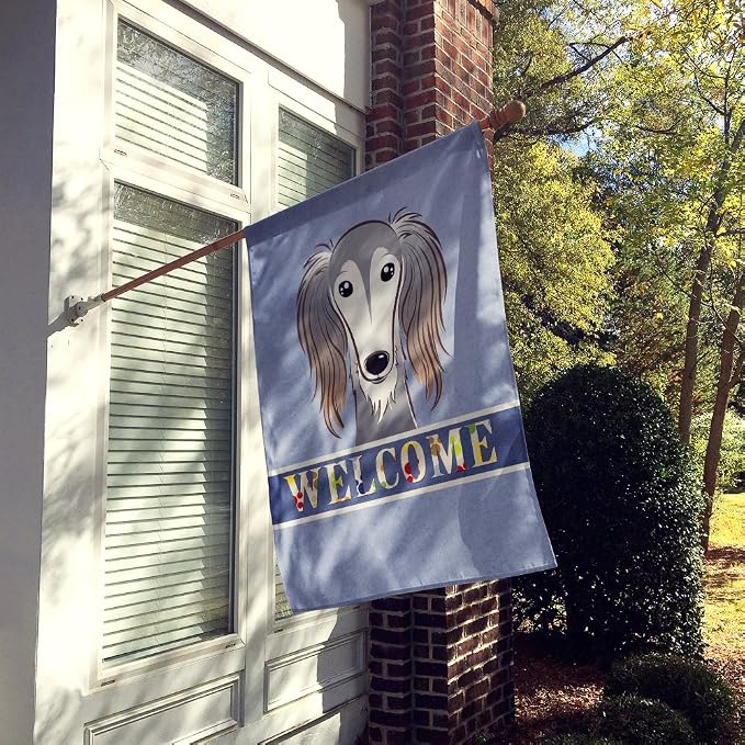 Caroline's Treasures BB1415CHF Saluki Welcome House Flag, Blue Large Porch Sleeve Pole Decorative Outside Yard Banner Artwork Wall Hanging, Polyester, House Size, Multicolor