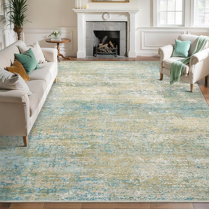 Tangsoo Abstract 5x7 Washable Area Rugs for Living Room, Non Slip Large Rug | Modern Contemporary Indoor Print Carpet, Soft Low Pile Foldable Floor Rug for Bedroom Dining Room Blue Beige Home Decor