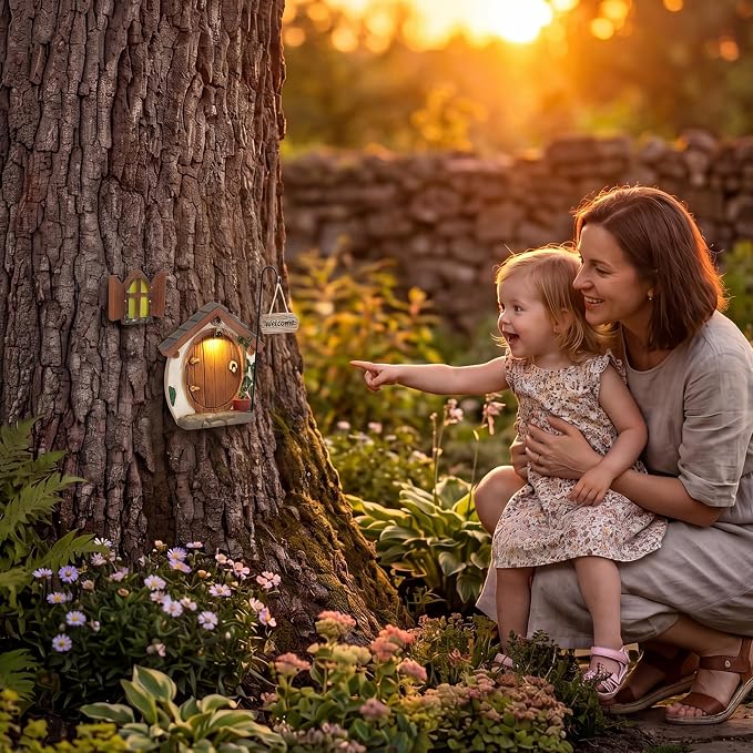 Fairy Doors for Trees with Light, Fairy Garden Accessories for Outdoor Decor, Fairy Garden Houses Kit for Front Porch Patio Backyard Yard Outside Decoration, Birthday Gifts for Women Families Friends