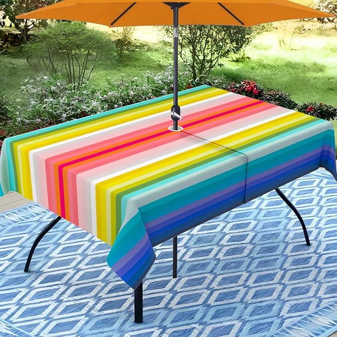 Mexico Strip Outdoor Tablecloth with Umbrella Hole 60" x 84" Waterproof Zipper Table Cloth for Garden - Ideal Patio Table Cover for Picnics, Camping, and Yard Use
