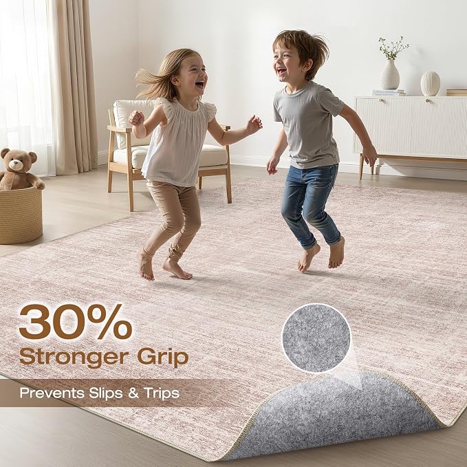LOONGRUG 5x8 Area Rug Washable Neutral Modern Rug for Living Room Pink | Abstract Soft Stain Resistant Indoor Floor Non-Slip Carpet for Bedroom Nursery Kids Office Playroom