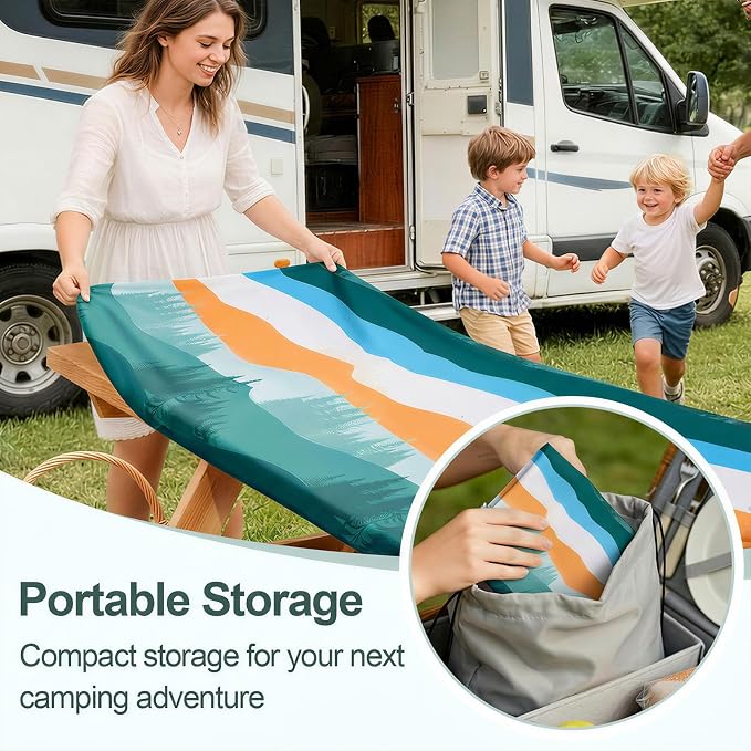 Picnic Table Cover with Bench Covers Camping Essentials Waterproof Windproof Camping Tablecloth with Drawstring Bag, Fitted Rectangle Tables and Seats, 96in, Orange Blue