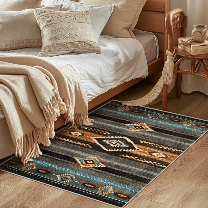 Southwest Area Rug for Living Room Abstract Geometric Diamond 2x3 Rug Modern Southwestern Aztec Tribal Rugs Non Slip Low Pile Machine Washable Boho Orange Grey Floor Carpet Indoor Bedroom Dining Room