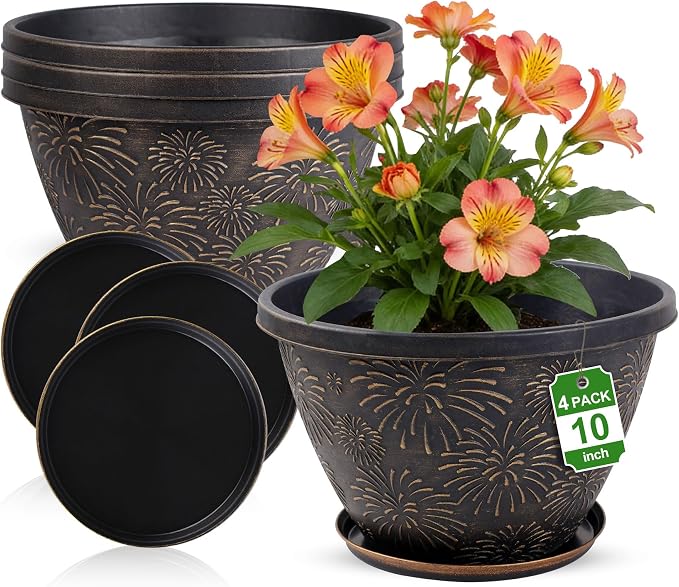 Nooulap 4 Pack 10 Inch Flower Pots with Drainage Holes and Saucers, Plant Pots for Indoor Outdoor Plants,Antique Gold Firework Embossed Plastic Planters for Balcony Patio Porch Garden Decor