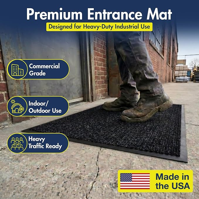 Notrax 109 Industrial Door Mat, 2' x 3' Small Entrance Mat, Heavy Duty Commercial Rugs for Entryway, Welcome Lobbies, Garage, and Mudroom, Made in the USA, Charcoal Black, Brush Step 109S0023CH