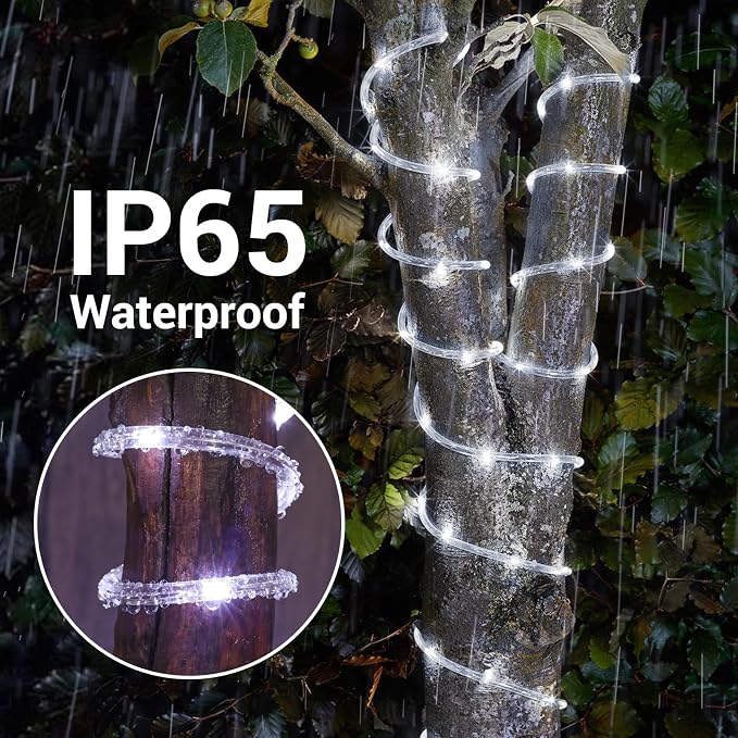 Jnaurb Solar Rope Lights, 33ft 100LED Solar String Lights, 8 Modes Waterproof Solar Outdoor Light, Flexible Clear Trampoline Light for Garden Backyard Patio Deck Porch, Pool Tree Decoration - White