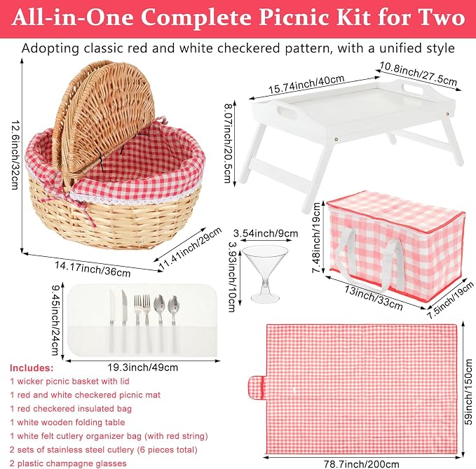 Picnic Basket Set for 2, Wicker Basket with Lid, Folding Table, Insulated Cooler Bag, Mat, Cutlery & Glasses, Red and White Checkered Complete Picnic Kit for Outdoor Camping Beach Park