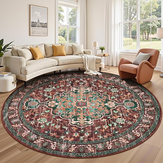 U'Artlines Boho Round Area Rug 8ft Machine Washable Carpet, Rust＆Teal | Vintage, Low Pile, Non Slip, Ultra-Thin Soft Floor Carpet, Circle, Accent Rug for Living Room Bedroom Dining Room Office