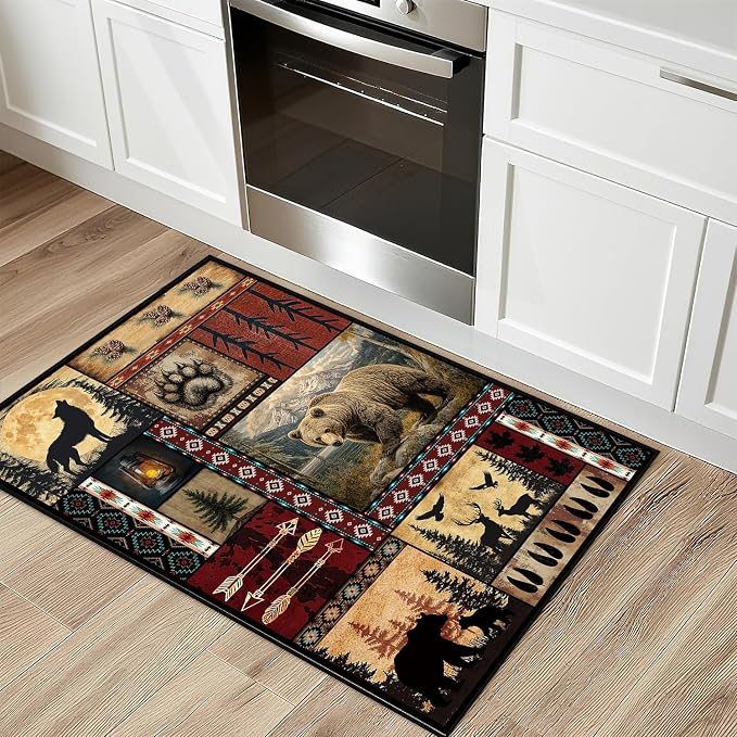 Rustic Cabin Area Rug 2x3 for Living Room, Bear Deer Print Mat, Western Animal Decor Non-Slip Low-Pile Machine Washable Door Floor Carpet for Dining Room Bedroom Office