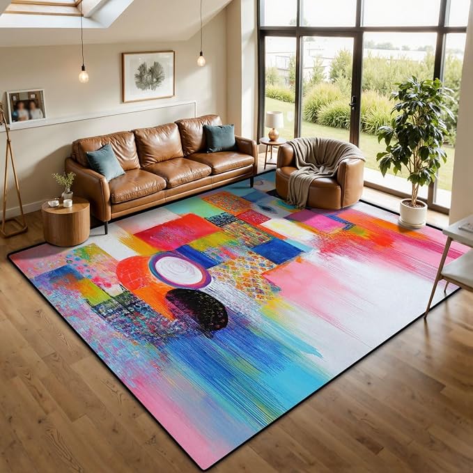 10x14 Area Rugs for Living Room Abstract Orange Pink Colorful Yellow Blue Red Texture Bold Strokes Washable Large Area Rug for Bedroom Non Slip Outdoor Carpets Soft Mats Kitchen Home Office Decor