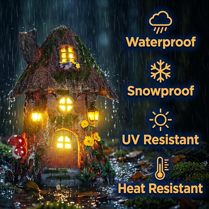 COWOS Solar Powered Mossy Tree House Sculpture with Doors, Windows, Street Lamp & Chimney - LED Outdoor Garden Decor