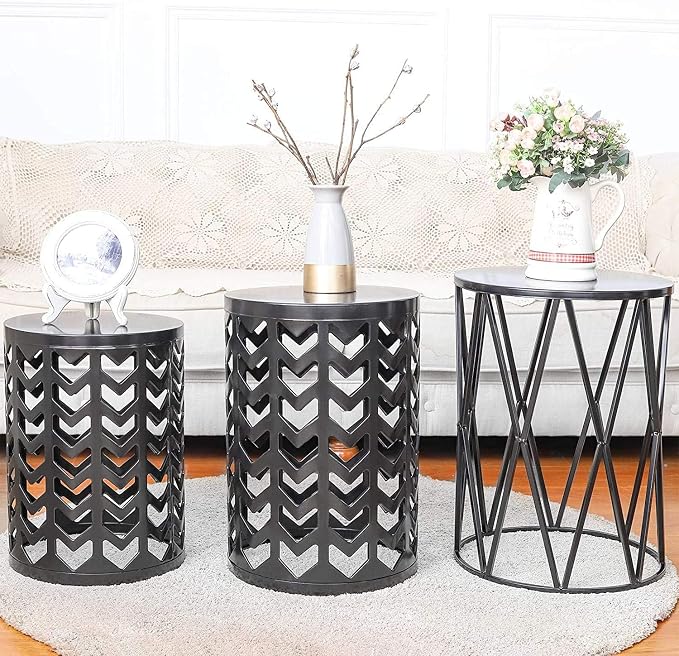 Y&M Outdoor Side Tables Set of 3, Indoor Outdoor Round Metal Accent Tables, Nesting End Coffee Tables for Patio, Porch, Balcony, Garden, Sunroom and Living Room, Black