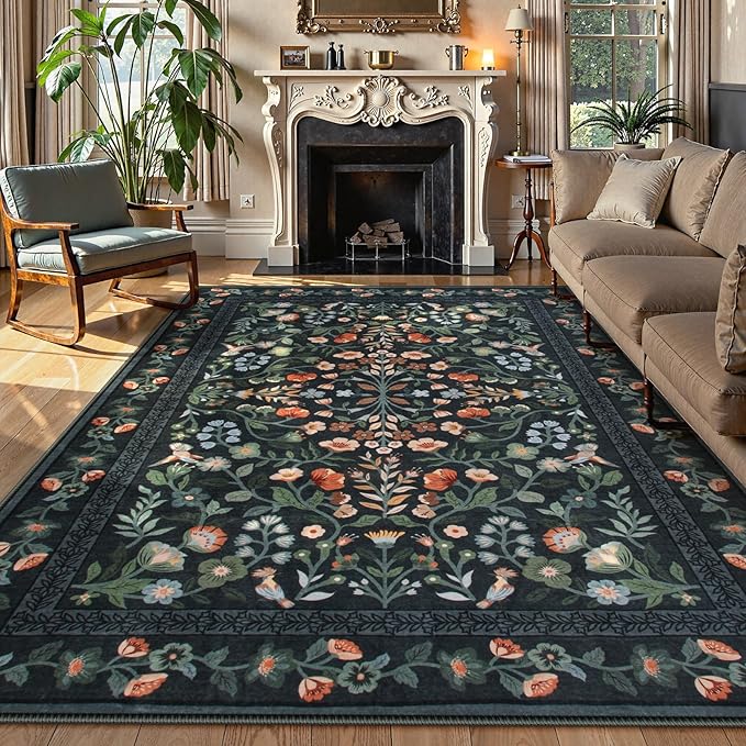 Lahome Black Floral Washable Area Rug 8x10, Vintage Boho Carpet | Non Slip Stain Resistant Carpet for Living Room Bedroom, Low-Pile Soft Rug for Dining Room Office, Home Decor