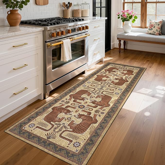 GarveeHome Tiger Print 2.5'x8' Washable Non Slip Runner Boho Hallways Rugs | Brown Kitchen Runner Ultra Thin Soft Vintage Tribal Indoor Throw Floor Carpet for Laundry Entryway Bedroom Bathroom