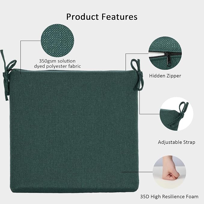 Outdoor Chair Cushions Set of 4,350GSM Fabric,Water-Resistant UV Resistant Weather Resistant with YKK Zippers, Square Corner Patio Chair Cushions with Ties, 20"x20"x3.1",Deep Teal
