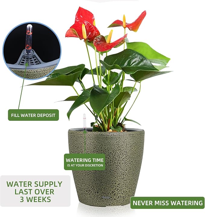 Dexceder 18x17 Self Watering Planter with Wheels (Black Gold Crackle) | Inner Pot Design, Thickened Large Floor Standing Flower Plant Pot with Water Level Indicator Indoor Outdoor