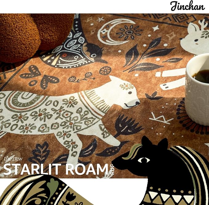 jinchan 5x7 Cute Area Rug Kids Washable Fun Rug Earthy Brown Starlit Boho | Soft, Cozy, Non-Slip, Kid-Friendly, Animal, Lightweight, Entryway, Kitchen, Dorm, Bedroom, Living Room, Playroom, Nursery