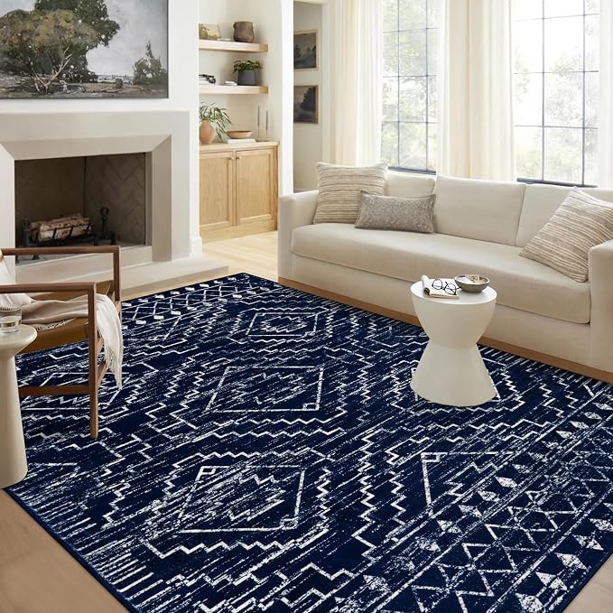 Wonnitar Moroccan Washable 9x12 Rug, Large Blue Rugs for Bedroom, Non-Slip Soft Living Room Area Rug, Boho Non-Shedding Ultra-Thin Floor Carpet for Dining Guest Room Home Office (Blue,9'x12')