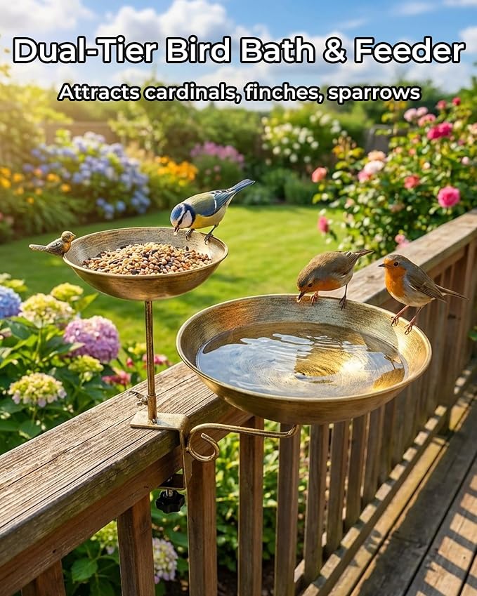 Deck Mounted Dual-Tier Bird Bath with Adjustable Clamp Metal Balcony Bird Bath & Bird Feeder for Railing, Patio, Fence – Easy Clean Outdoor Birdbath for Cardinals, Finches & Sparrows