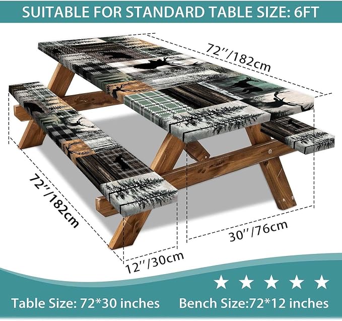 Picnic Table Cover with Bench Covers and Bag, Teal Rustic Camping Essentials Waterproof Windproof, Fitted Tablecloth Cover with Elastic Edge, for Indoor & Outdoor, Camping, 3 Pieces Set, 30x60 IN