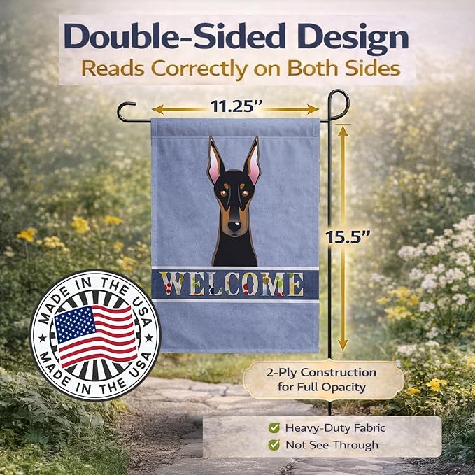 Caroline's Treasures BB1431GF Doberman Welcome Garden Flag, Blue Mailbox Flag Decorative Yard Flag Banner Outside Patio Artwork Yard Flower Beds, Garden Size, Multicolor