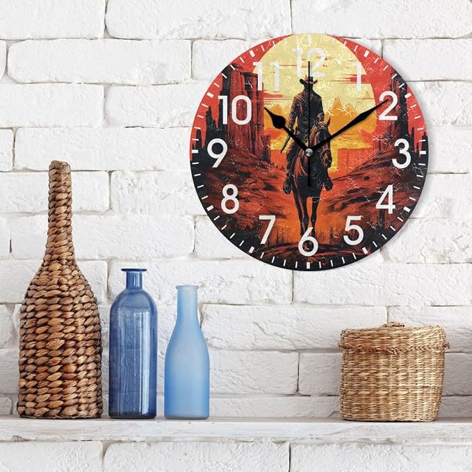 ALAZA Home Decor American Sunset Cowboy Round Acrylic 9.84 Inch Wall Clock Non Ticking Silent Clock Art for Living Room Kitchen Bedroom