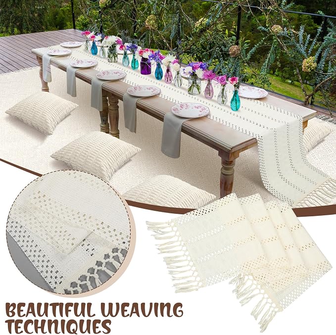 Beeveer 8 Pcs White Picnic Kit Extra Large Outdoor Boho Picnic Blanket 91x71'', Low Table Runner, 6 Throw Pillow Covers, Woven Cotton Yarn Oversize Washable Beach Blanket for Camp Wedding Garden Decor