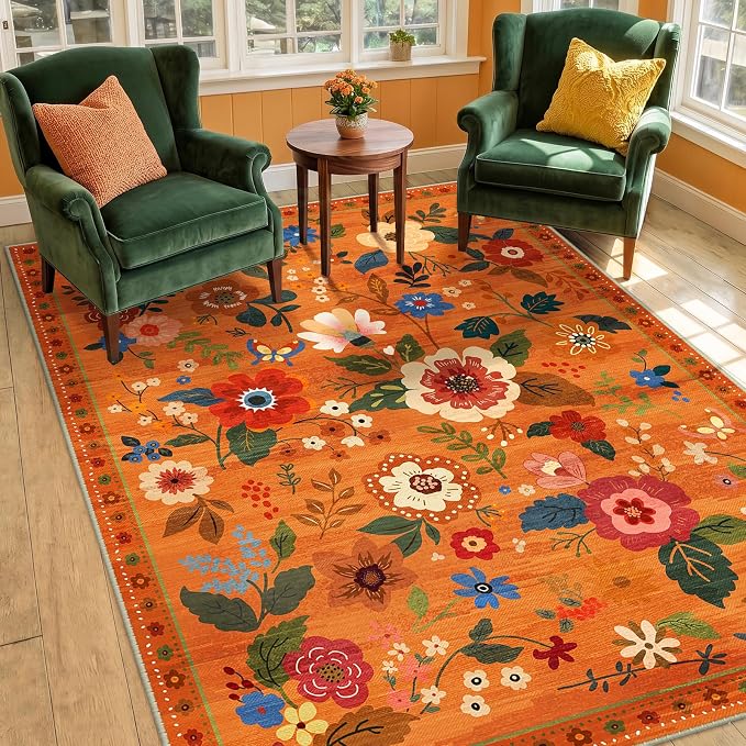 RELEANY Floral Washable 3x5 Area Rugs BurntOrange | Flower Carpet, Print, Boho, Non-Slip, Easy to Clean, Soft, Low Pile for Living Room Bedroom Kitchen Office Entryway Hallway