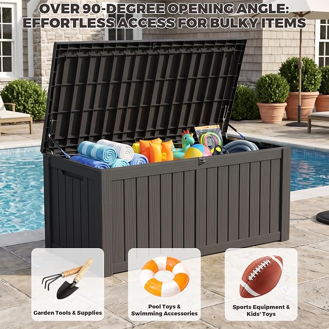 Outdoor Storage Box, 150 Gallon Waterproof Deck Box [Upgraded 3.0], Piston-Assisted Resin Trunk for Sectional Sofa Cushions, High-Capacity Lockable Double Storage Bench, Patio Lounge, Black
