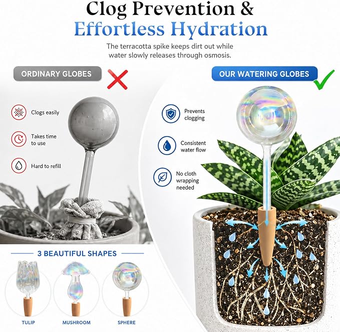 HyJeryty Non-Clogging Iridescent 3 Pack Ball Plant Watering Globes with Terracotta Spikes, Hand Blown Glass Self Watering Planter Insert Plant Watering Devices Bulbs for Indoor and Outdoor Plants