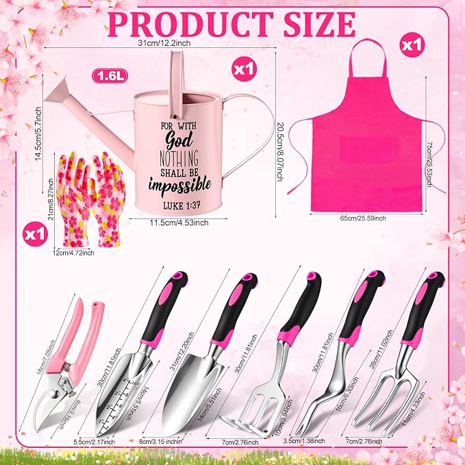 Blueweenly 9 Pcs Watering Can Garden Tools Kit with Bible Verse Christian Gardening Gifts for Women with Heavy Duty Garden Hand Tools 1.6L Galvanized Metal Can Apron Gloves for Mom Grandma(Pink)