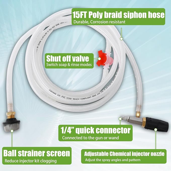 FIXFANS Adjustable Long Range Downstream Injection Nozzle Kit 4-4.5 GPM, 15FT Braid Hose, Pressure Washer Spray Nozzle, Power Washing External Chemical Injector, 1/4” Quick Connect, 2500 to 4000 PSI