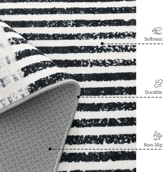 Washable 6x9 Modern Striped Area Rug, Abstract Living Room Rug | Black Beige, Soft Low Pile, Skin Friendly, Non-Slip for High Traffic, Bedroom Vintage Braided Paid Style Home Decor