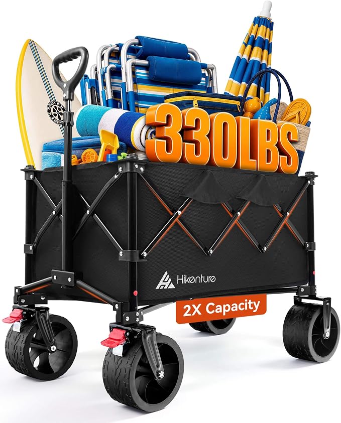 Hikenture Foldable Beach Wagon with Big Wheels for Sand, 330 lbs Capacity | Large wagon for beach, camping, sports & grocery hauling; Big wheels for sand & gravel; One-hand fold