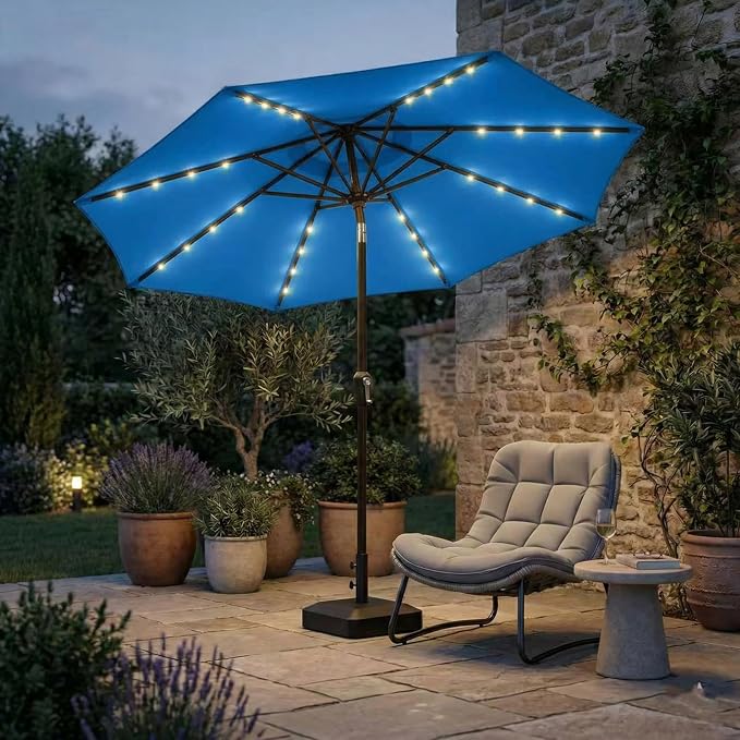 Kingdura 9FT Outdoor Patio Umbrella with Solar Lights, Market Table Umbrella with Push Button Tilt & Crank, 8 Sturdy Ribs, 32 LED Lights, UV Protection for Garden Lawn Deck Backyard Pool (Royal blue)