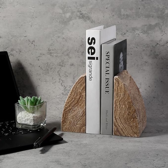 Koville Travertine Bookends for Shelves, Large Stone Bookends for Heavy Books, Non-Slip Heavy Duty Book Stopper for CD/Movies, Aesthetic Decorative Book Ends for Bookshelf Table Home Decor(Brown)
