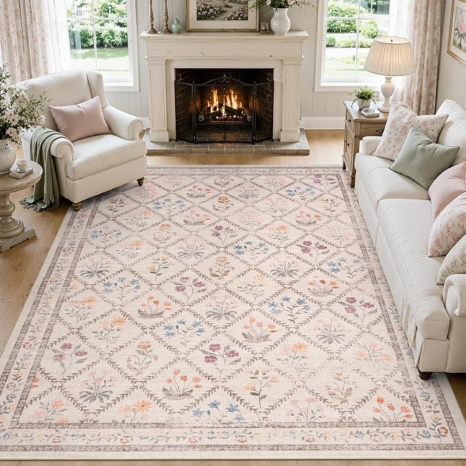 DCX Washable 8x10 Rose Biege Floral Rug for Girls Bedroom | Soft Cottagecore Rug for Baby Girl Nursery, Non Slip Low Pile, Kid & Pet Friendly Vintage Botanical Carpet